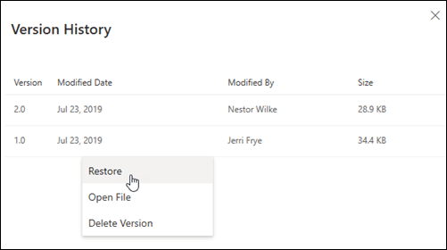 Bảng lịch sử phiên bản của OneDrive với lựa chọn khôi phục phiên bản cũ