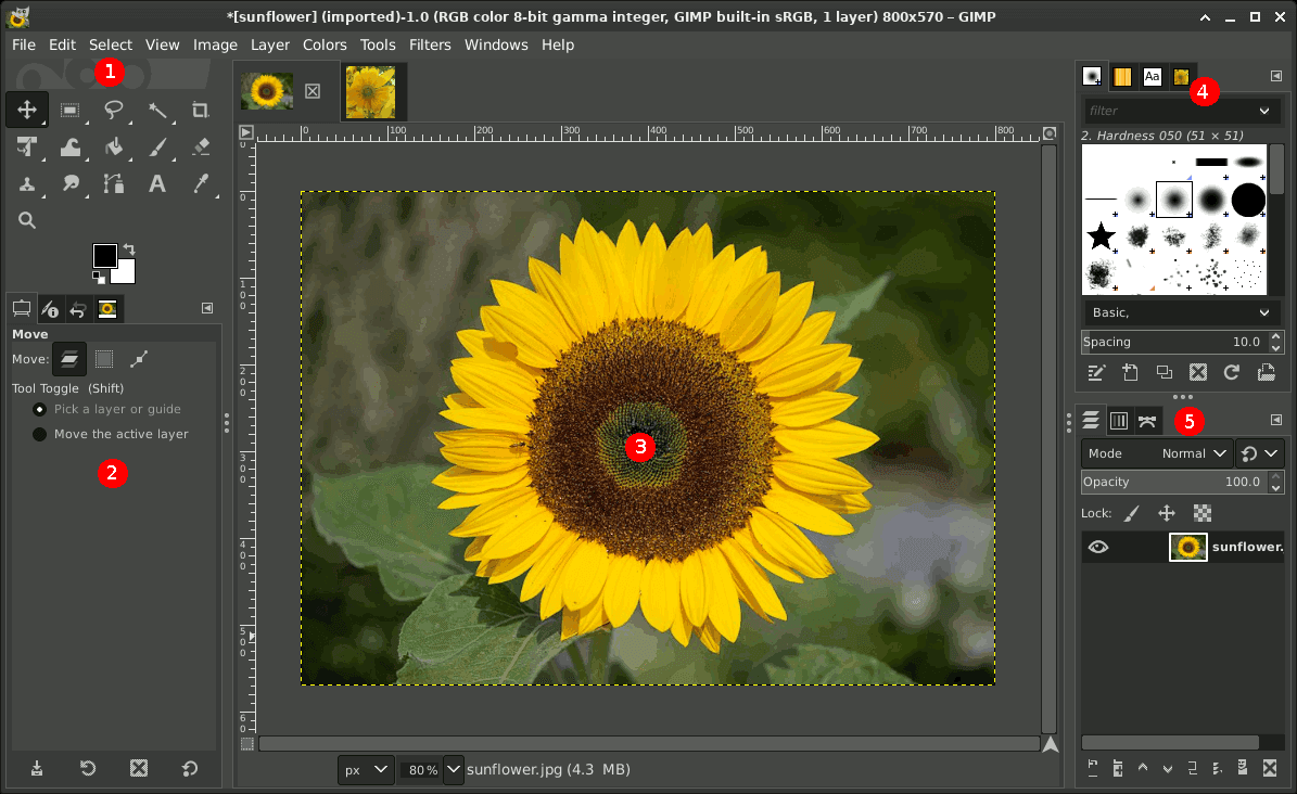 GIMP's single-window interface with the toolbox on the left, canvas in the middle, and docks on the right