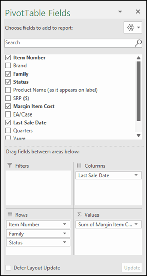Ngăn PivotTable Fields để kéo trường vào Rows, Columns, Values