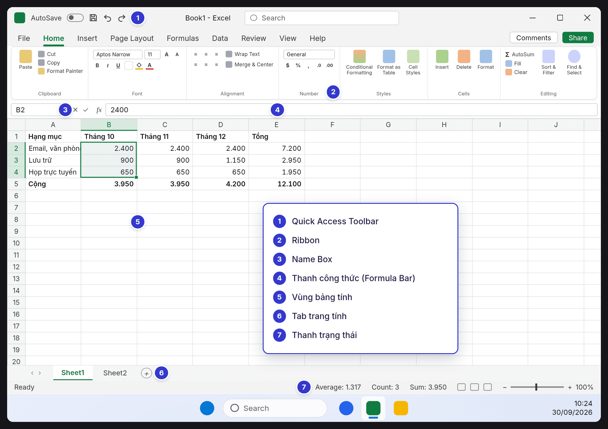 Bảy thành phần chính của cửa sổ Excel được đánh số: Quick Access Toolbar, Ribbon, Name Box, thanh công thức, vùng bảng tính, tab trang tính, thanh trạng thái