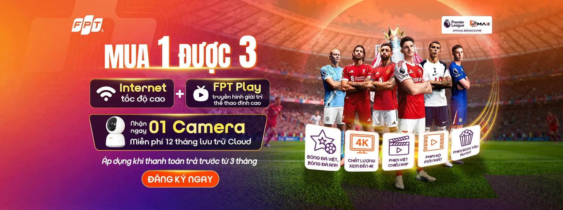 FPT Telecom's Buy 1 get 3 promotion: high-speed internet, FPT Play, and 1 camera with 12 months of free cloud storage, when prepaying 3 months or more