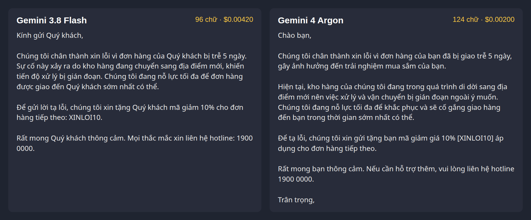 Hai email trả lời khách đặt cạnh nhau: Gemini 3.8 Flash 96 chữ, Gemini 4 Argon 124 chữ vượt giới hạn 120 chữ