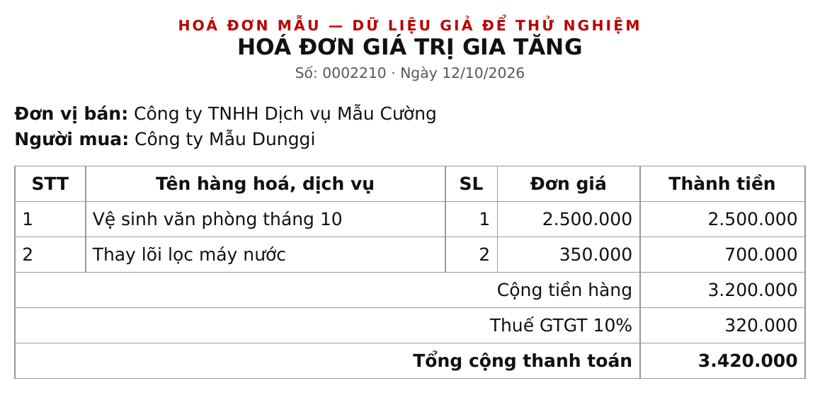 Hoá đơn mẫu số 0002210: cộng tiền hàng 3.200.000, thuế GTGT 10% là 320.000, nhưng tổng cộng thanh toán ghi 3.420.000