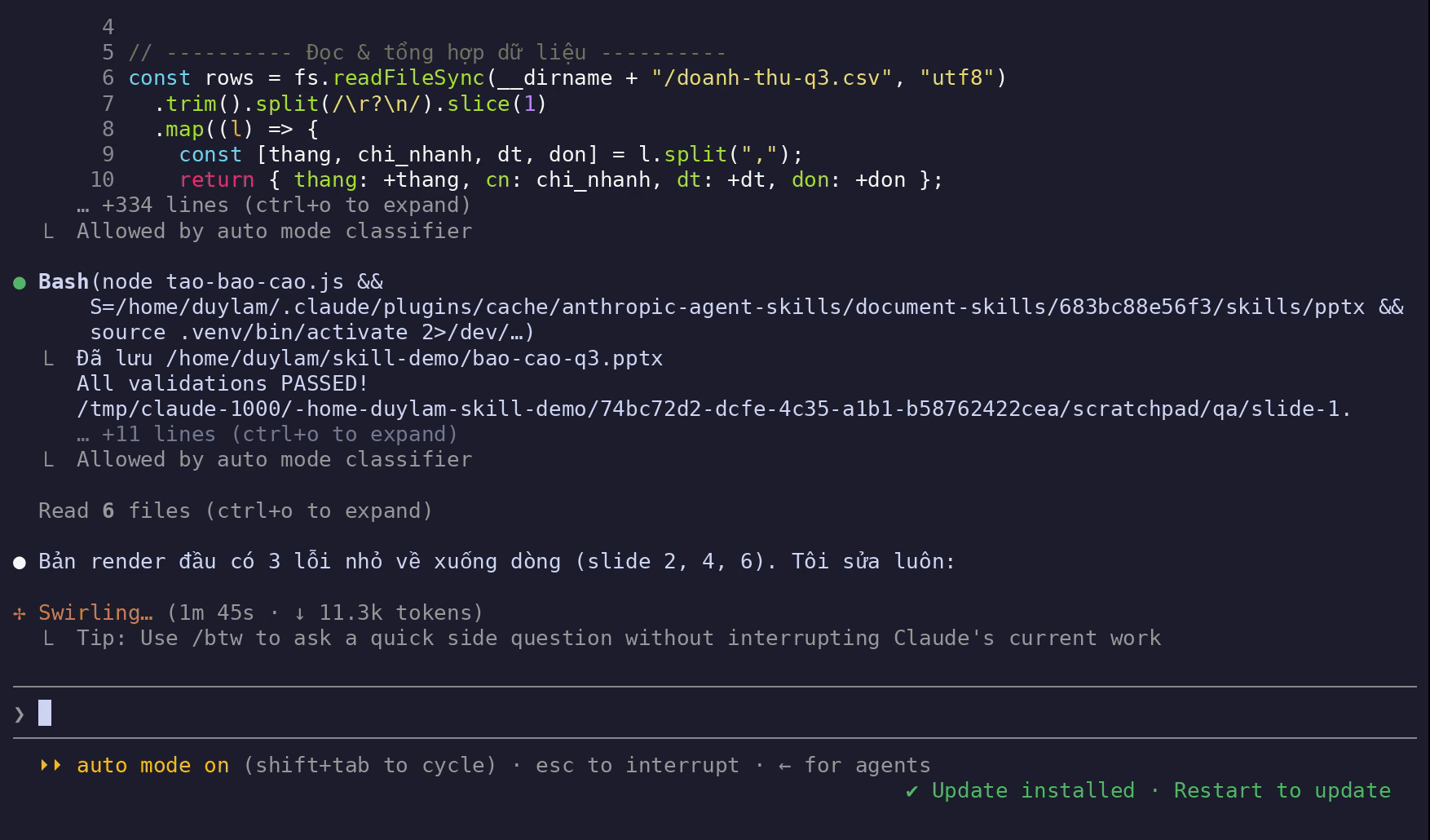 Claude Code terminal: the skill's check passes, then Claude finds 3 line-wrap issues on slides 2, 4 and 6 and fixes them