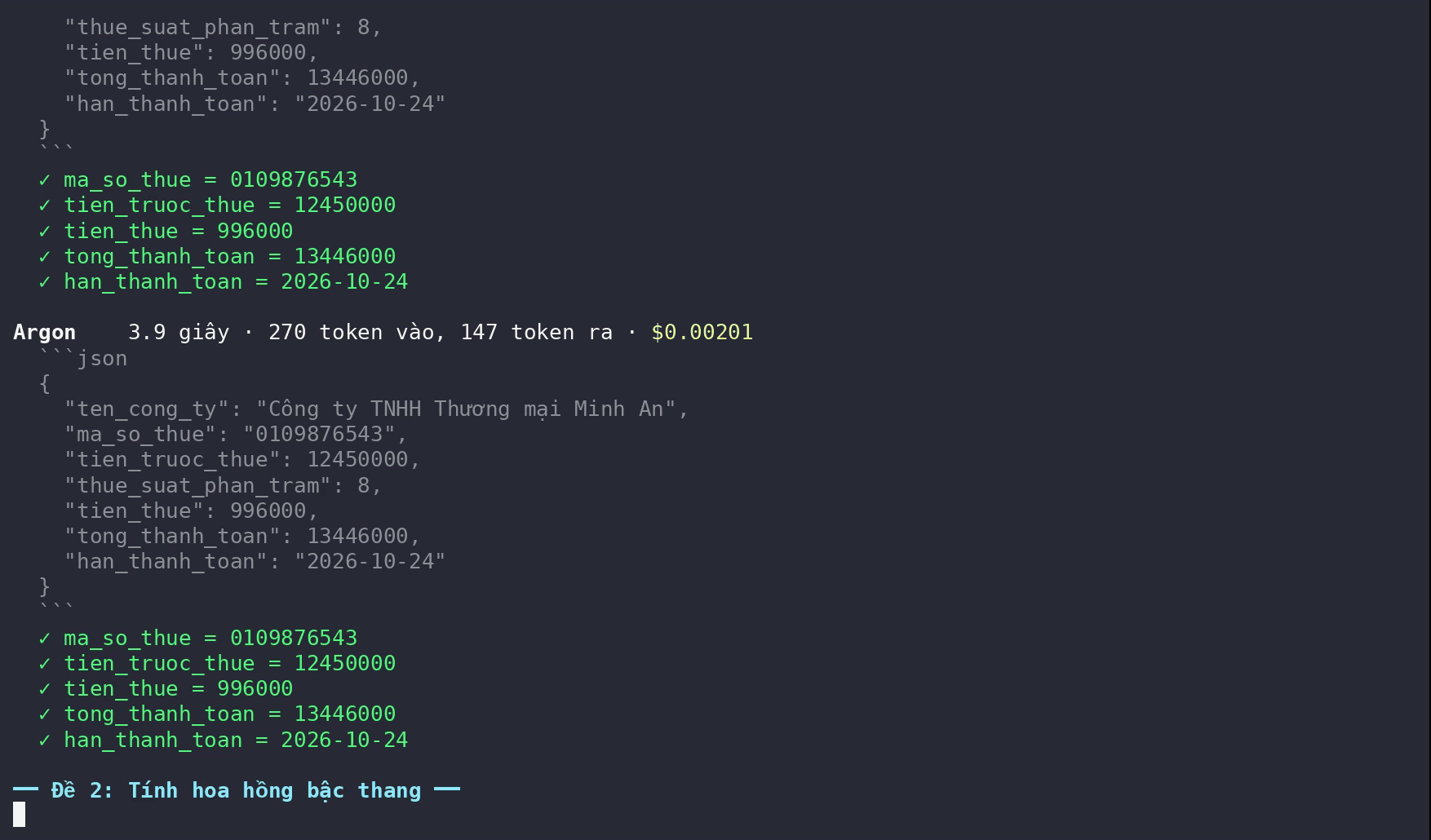 Terminal: JSON thông tin hoá đơn Gemini 4 Argon trả về sau 3,9 giây với 147 token đầu ra, code chấm đúng cả 5 trường