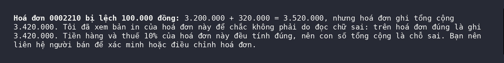 Kết luận thật của Claude: hoá đơn 0002210 bị lệch 100.000 đồng, đã xem bản in để chắc không phải đọc chữ sai, tiền hàng và thuế đều đúng nên tổng cộng là chỗ sai