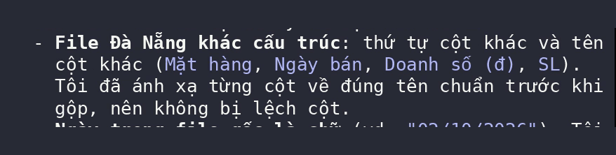 Phần tóm tắt cuối của Claude: file Đà Nẵng khác cấu trúc, đã ánh xạ từng cột về đúng tên chuẩn trước khi gộp