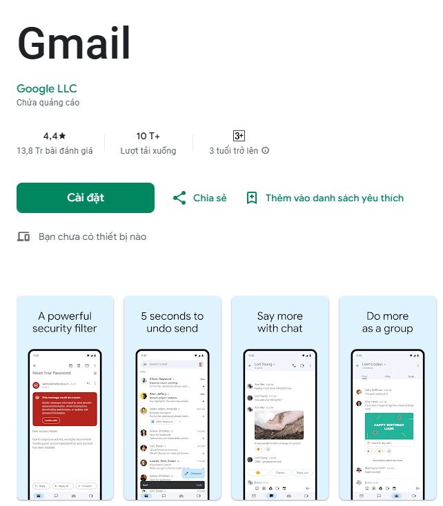 Ứng dụng Gmail trên điện thoại dùng để đăng nhập tài khoản Google Workspace