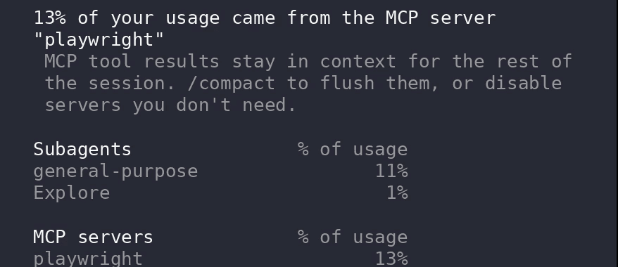 Bảng /usage: 13% hạn mức từ MCP server Playwright, kèm lời khuyên /compact hoặc tắt MCP server không cần
