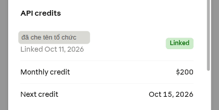 Mục API credits trong Settings › Billing của claude.ai: trạng thái Linked, credit 200 USD mỗi tháng, ngày nhận đợt sau (đã che tên tổ chức)