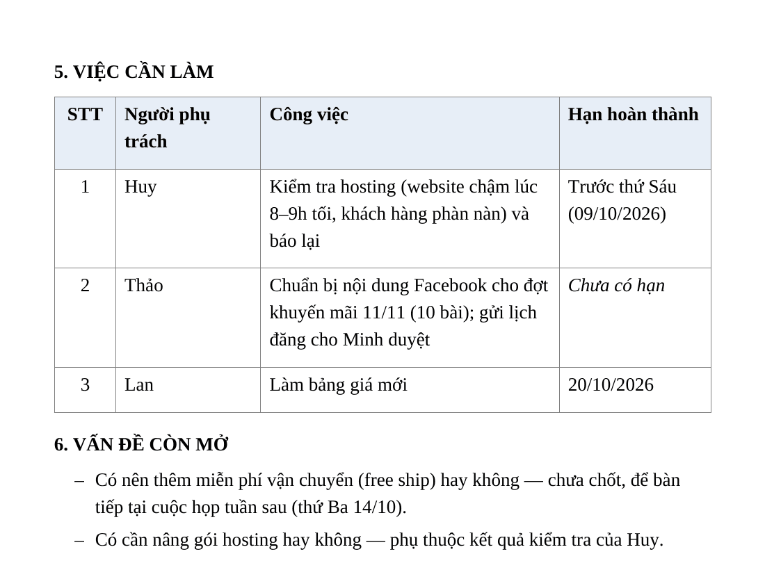 Bảng việc cần làm trong biên bản: người phụ trách, công việc, hạn; việc không có hạn ghi Chưa có hạn