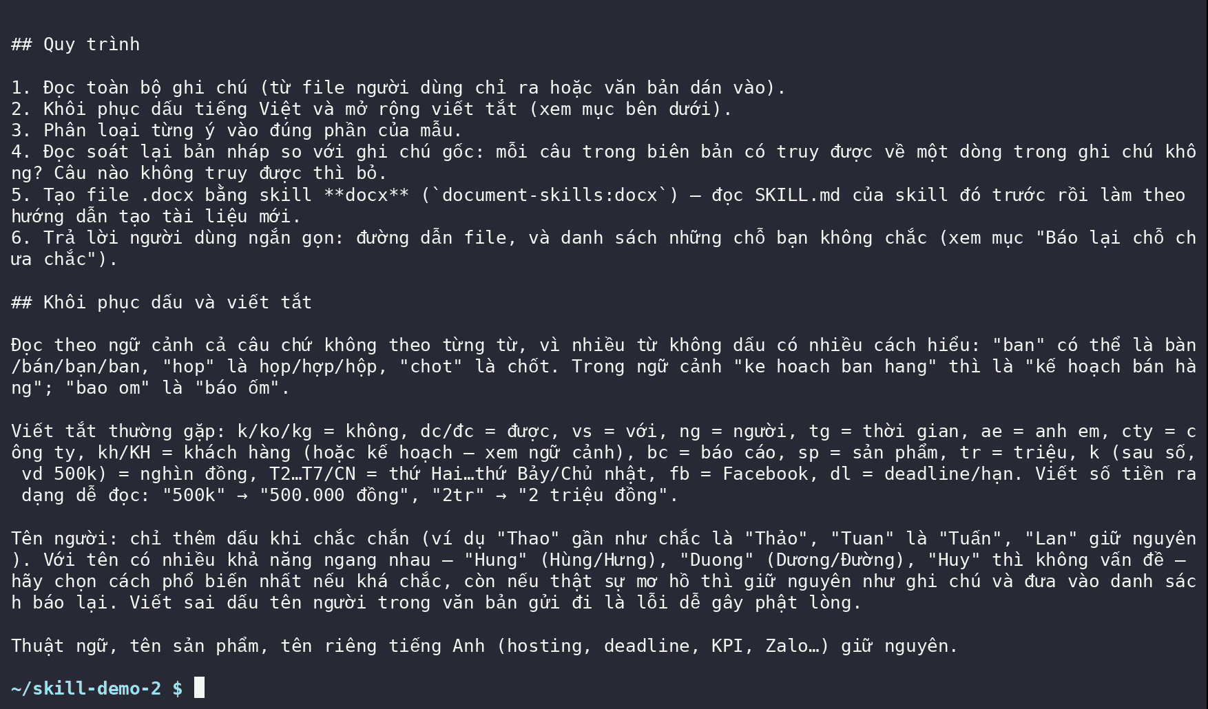 Phần quy trình và khôi phục dấu trong file SKILL.md mà skill-creator viết cho skill bien-ban-hop