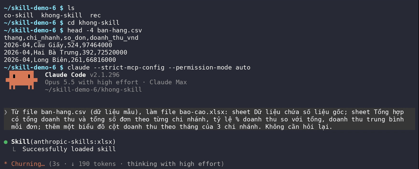 Terminal Claude Code: chưa cài gì nhưng Claude nạp skill anthropic-skills:xlsx ngay sau câu lệnh