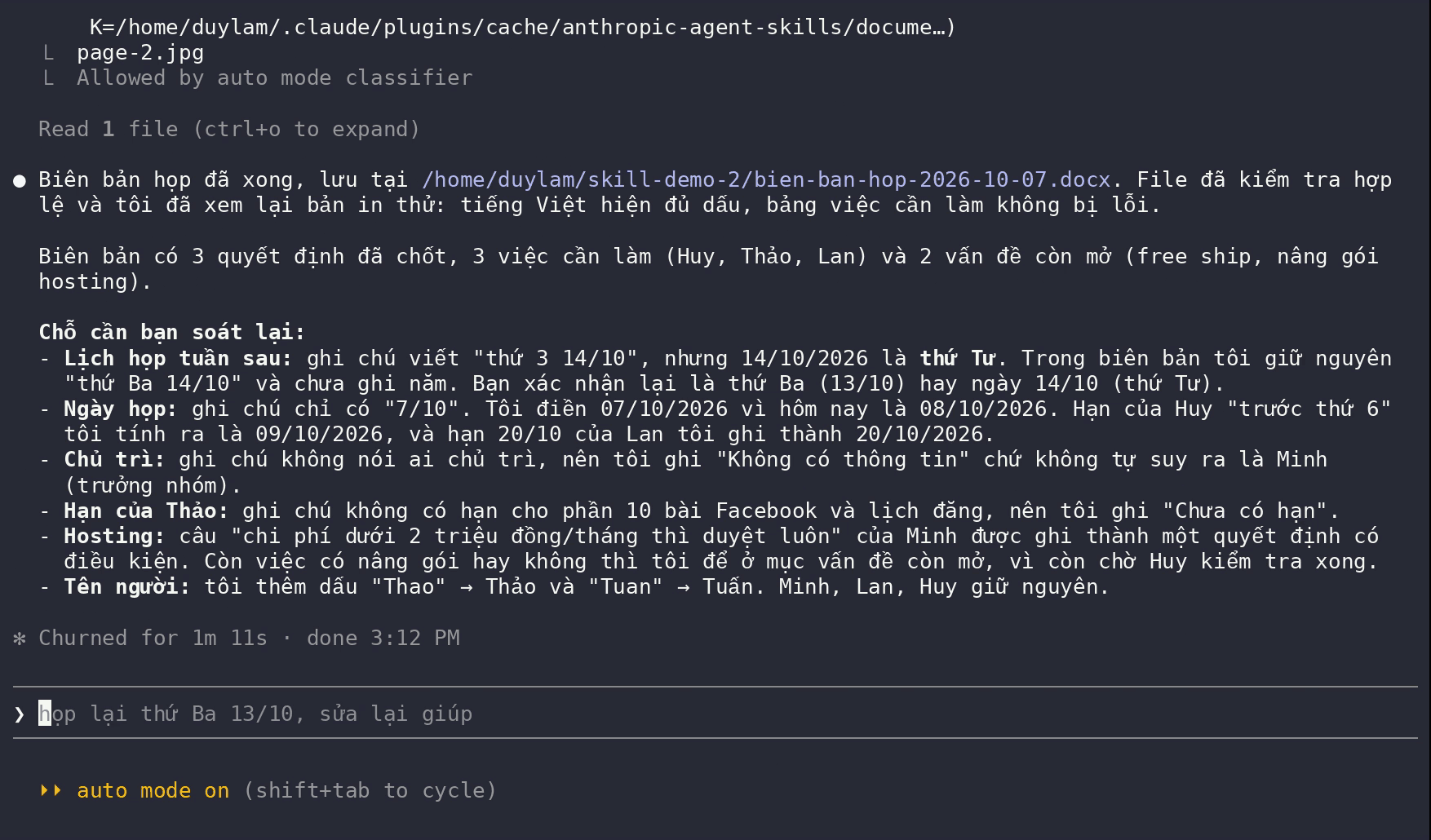 Terminal Claude Code: biên bản xong, kèm danh sách chỗ cần soát lại như thứ 3 14/10 thực ra là thứ Tư